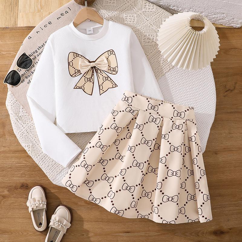 Детская Мода Топ с Длинным Рукавом и Принтом Бантов, Плиссированная Юбка, Комплект для Осени, Сладкий Комплект для Девочек 170cm=12Y белый
