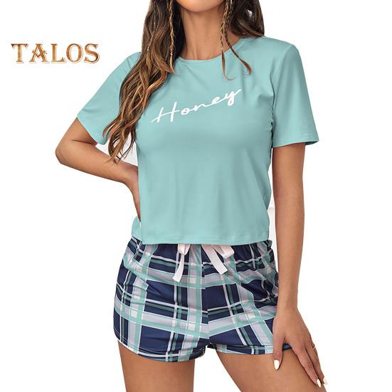 2 Pcs/Set Women Summer Pajama Set O Neck Letter Print Short Sleeves T-shirt Drawstring Elastic Waist Plaid Pattern Homewear Two Piece Set Sleepwear