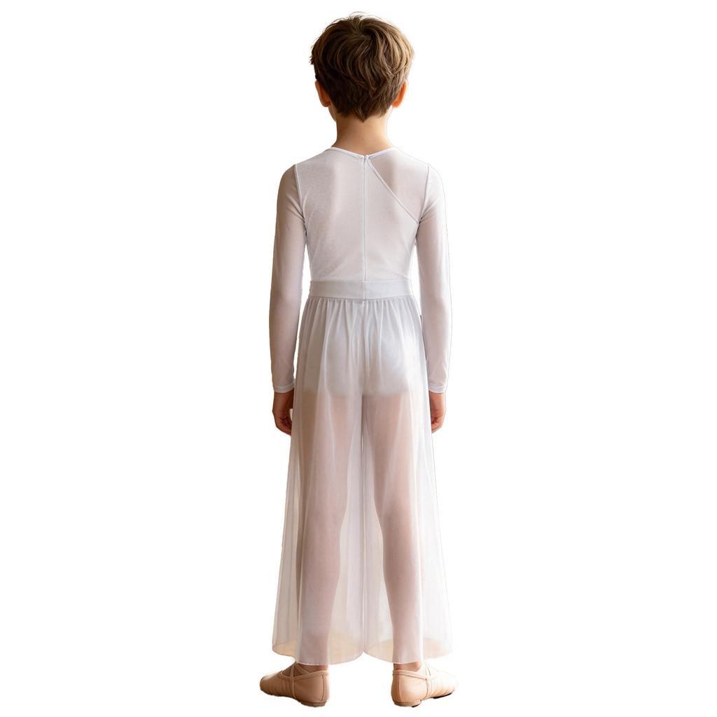 Boys Lyrical Dance Outfit Long Sleeve V-neck Back Invisible Zipper Bosyduit with Split Mesh Pants