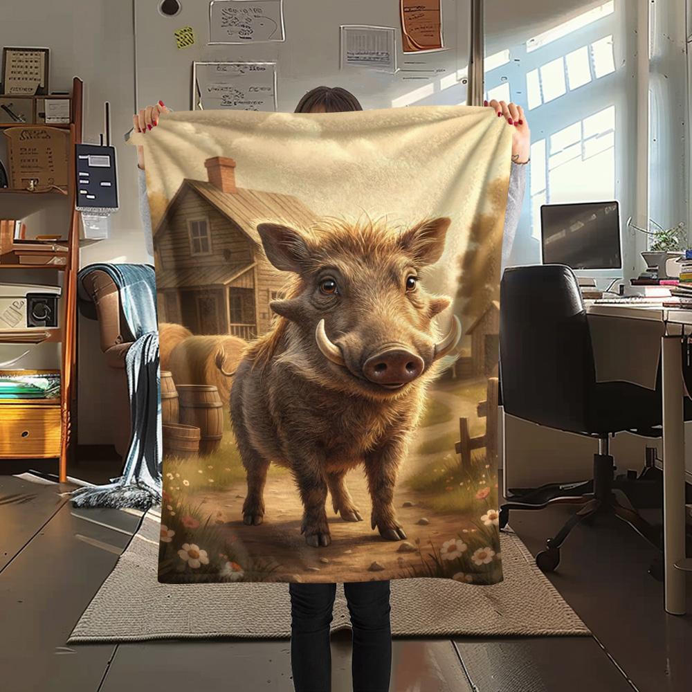 1PC Warthog Print FlAannel Blanket, High quality Comfortable for All Seasons, Home Decor, Warmth and Comfort