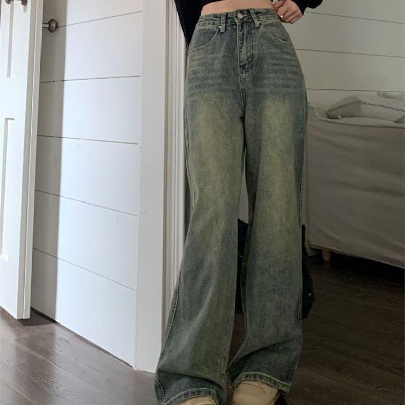 Women's Vintage Washed Wide‑Leg Jeans High Waist Loose Straight‑Leg Floor‑Length Denim Pants Casual Trousers