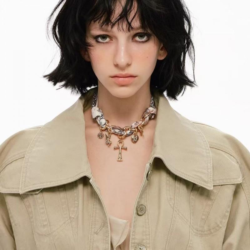 Ankh Cross Scarf Pendant Necklace Women Vintage Gothic Alloy Chain With Micro-Set Gemstone Silk Scarf Ankh Cross Necklace