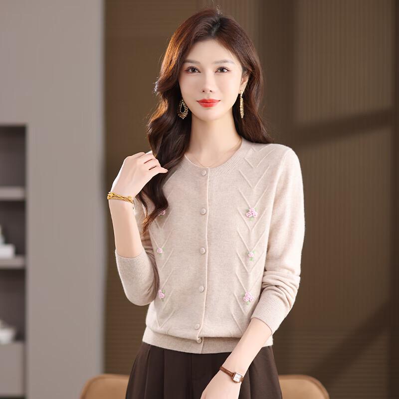 Women's 100% Pure Wool Embroidered Round Neck Cardigan