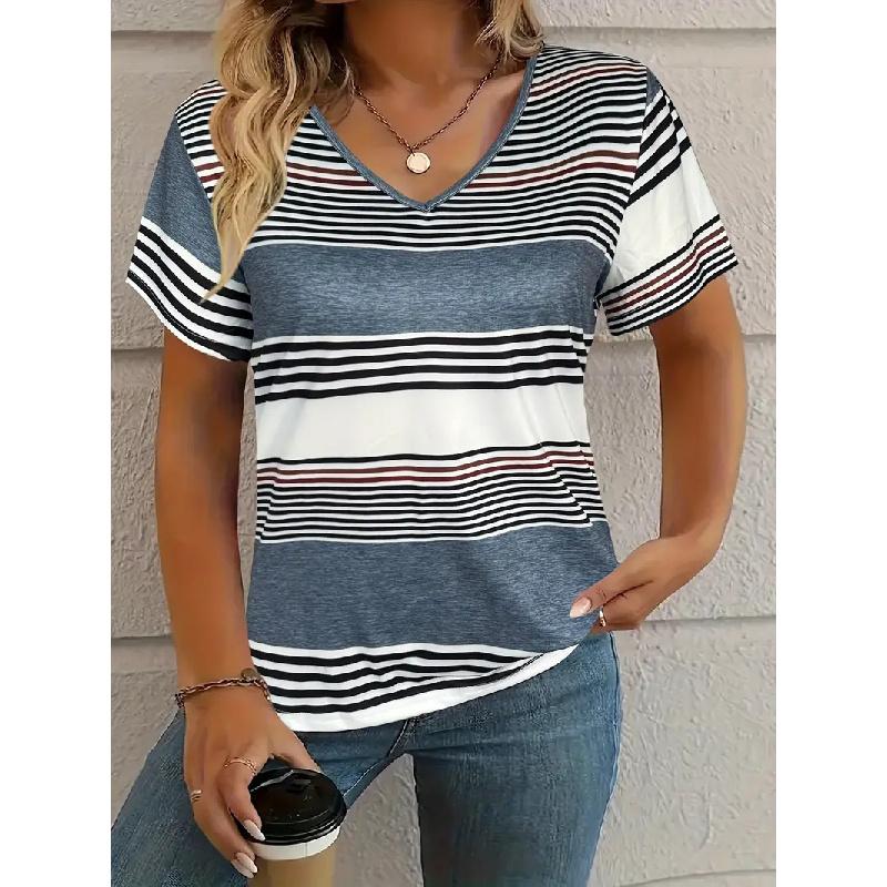 2026 New Fashion Women's Casual Versatile Square Pattern Short Sleeve V-Neck T-Shirt