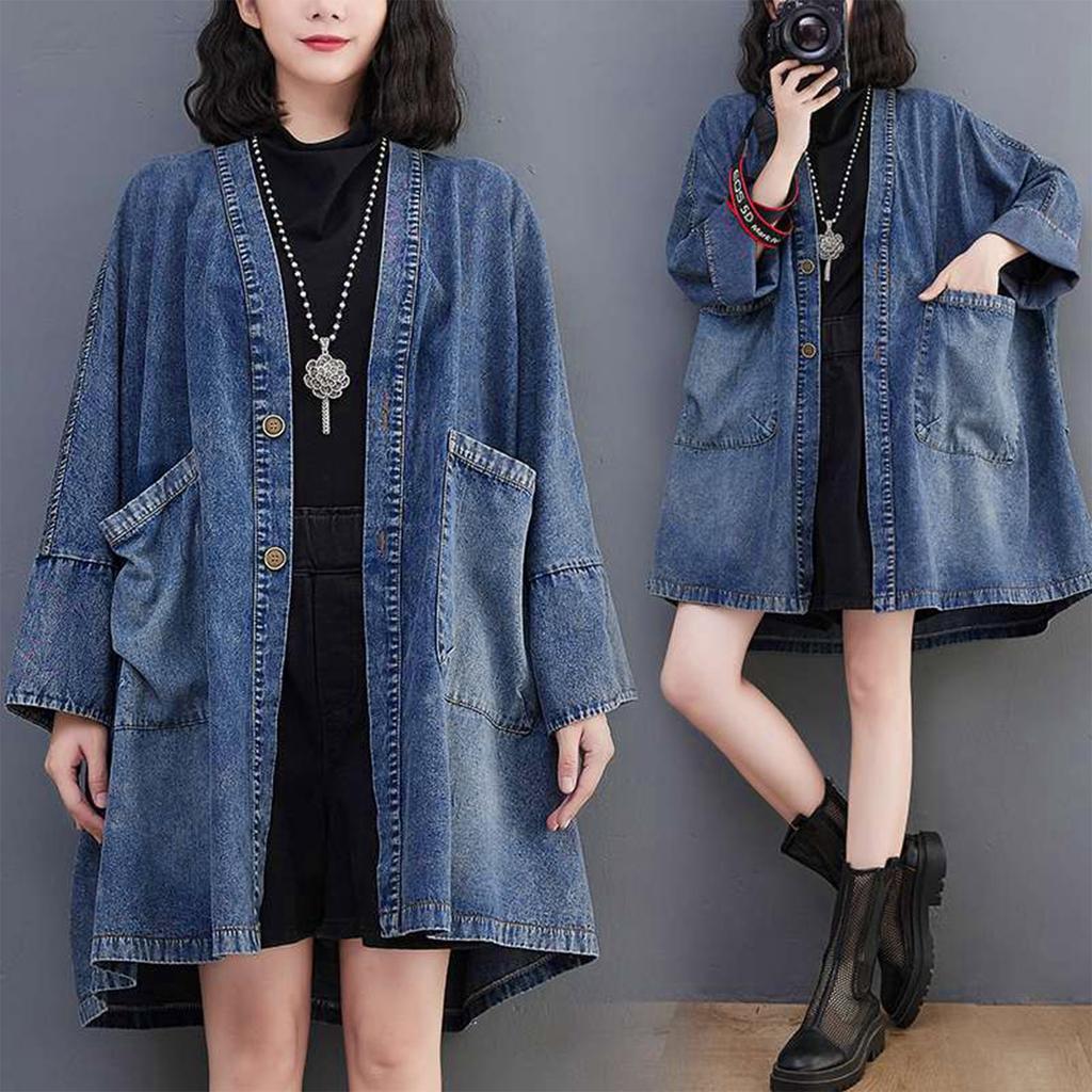Women's Retro V-neck Pocket Denim Jacket Loose Large Medium Length Trench Coat