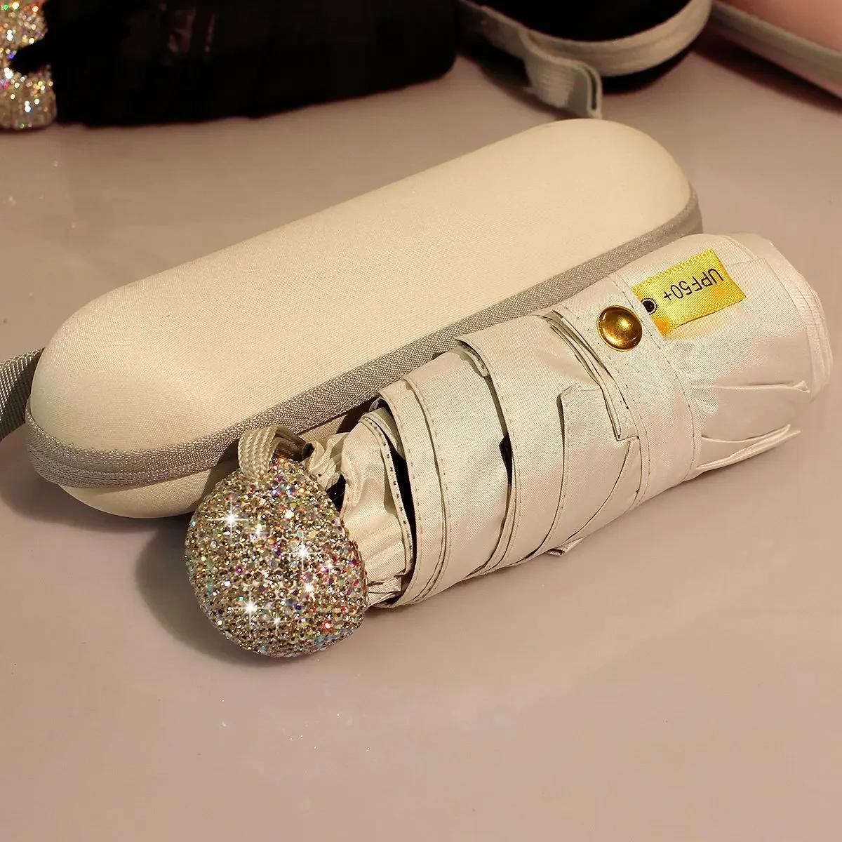 

Роскошный зонт-капсула со стразами, солнцезащитный крем от ультрафиолета, складной зонт, портативный дорожный зонт для девочек, блестящий дождевик