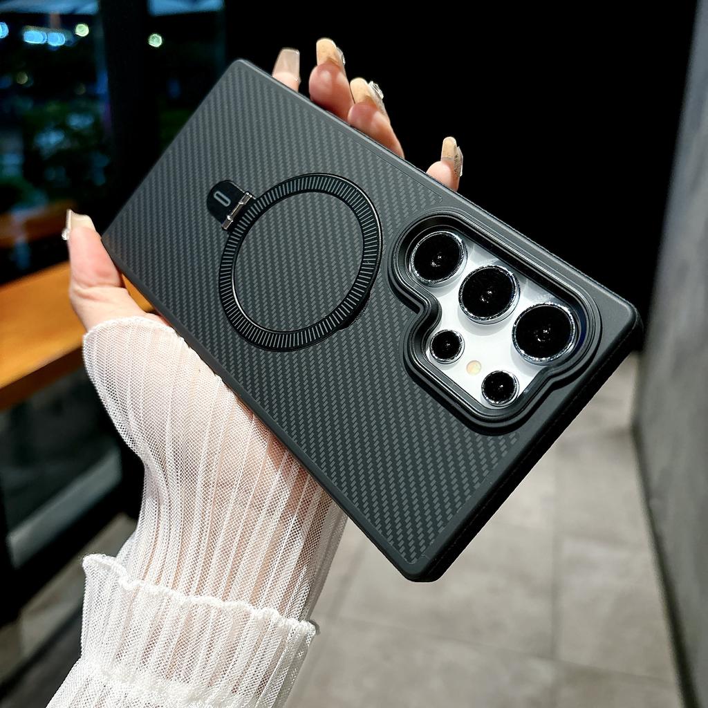 Carcasă telefon magnetică din piele cu fibră de carbon pentru S24 Ultra, cu suport inel, pentru Samsung Galaxy S24 Ultra, carcasă dură din plastic