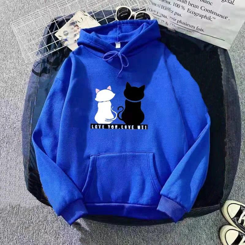 Women's Fleece Lined Hoodie Casual Cartoon Cat Print Oversize Loose Fit Autumn Winter Top Fashion Comfortable Streetwear