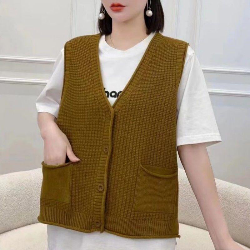 Women's Knitted Vest with Pocket Autumn and Winter New Sweater Korean Version V-neck Loose Vest Top