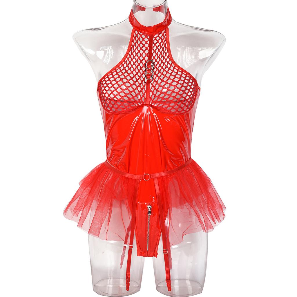 European Sexy, PU Patent Leather Mesh, Splicing Neck, Underwear Mesh, Skirt Skirt, Garter Belts, Detachable Jumpsuit