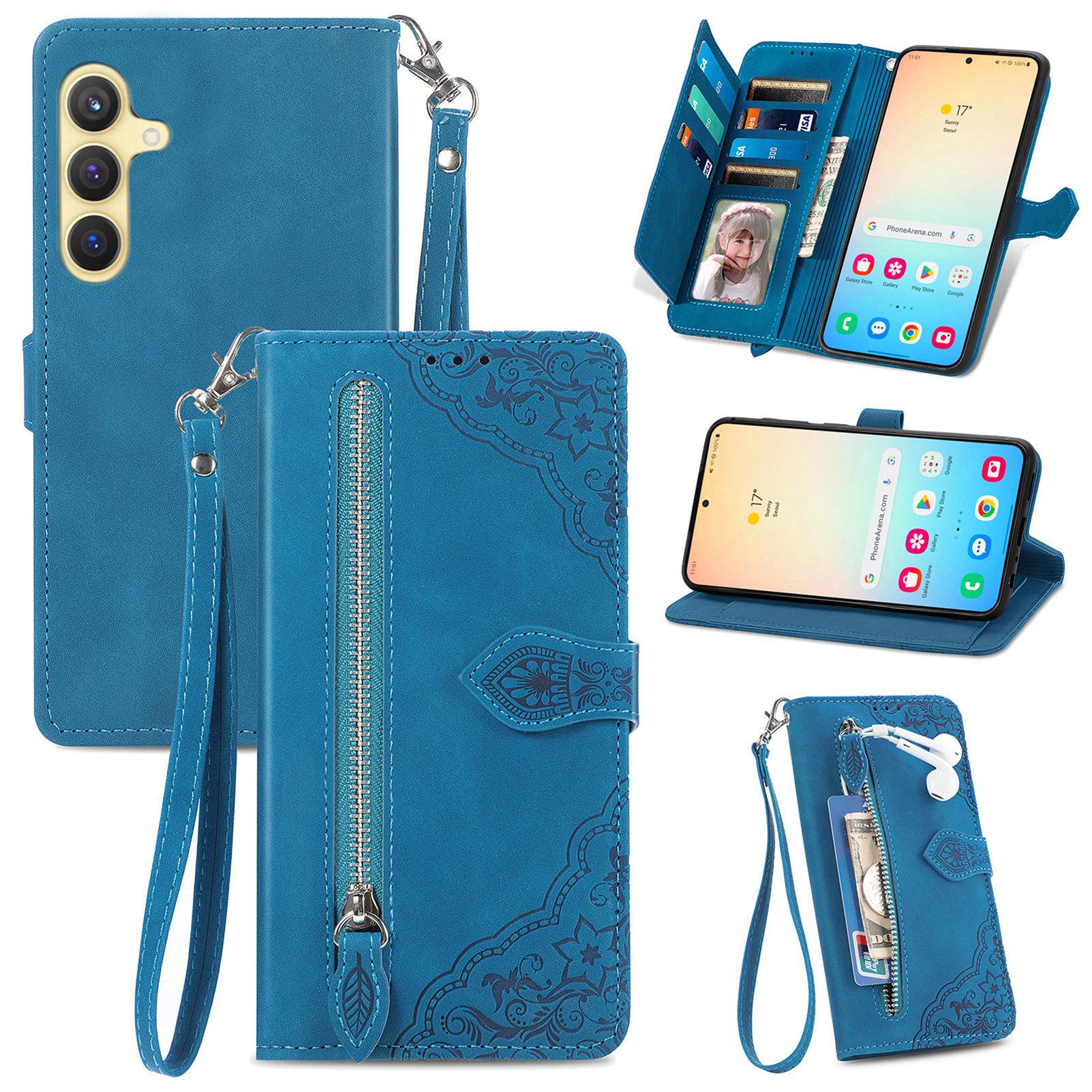

For Samsung Galaxy S24+ Zipper Wallet Case with Strap Flower Imprint PU Leather Phone Cover Blue