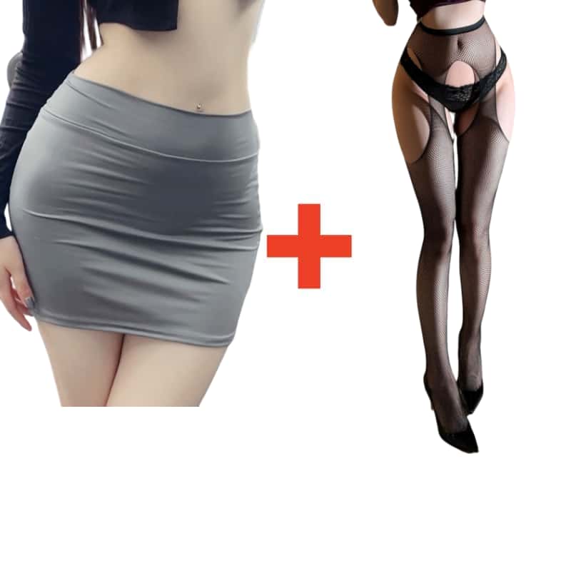 2PCS/SET Women High Waist Pencil Mini Skirts+Stockings Dress Set,Sexy Casual Wrap Hips Black Short Skirt and Pantyhose