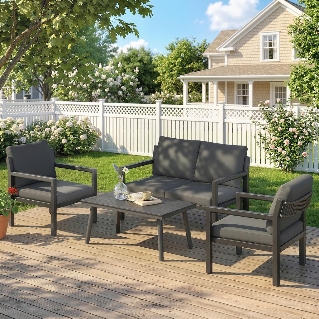4 Seater Rattan Garden Furniture Set with 2 Armchairs, Loveseat, Coffee Table, Garden Sofa Set with Cushions, Dark Grey