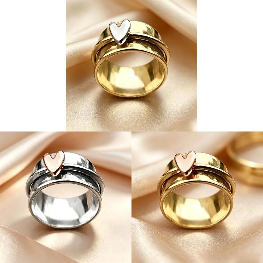 Bohemian Heart Shaped Ring With Rotating Pendant Retro Alloy Stylish Jewelry For Women And Men
