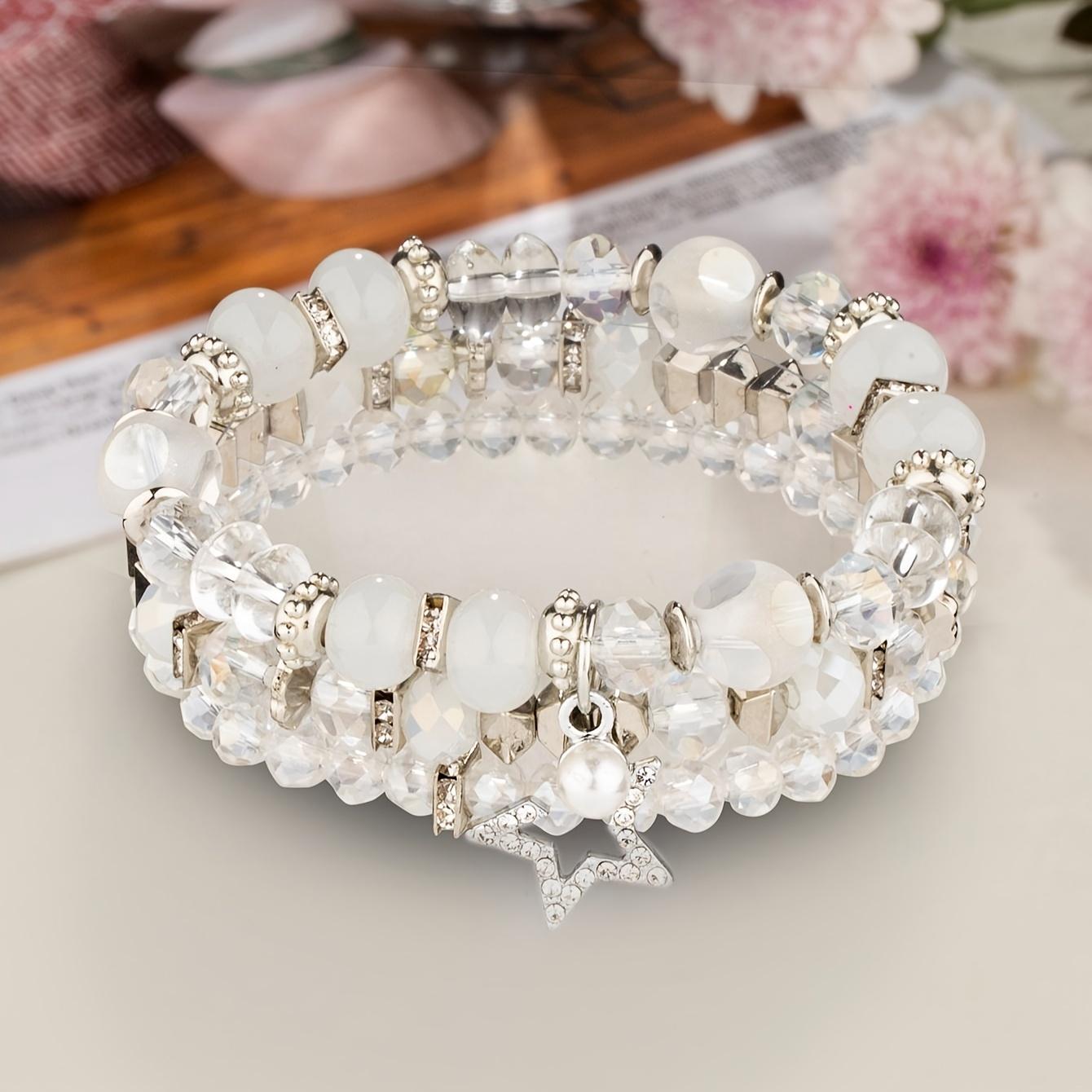 

3pcs Faux Crystal Beads Beaded Bracelet Set Stackable Handmade Hand String Jewelry Ornament One-size прозрачный белый