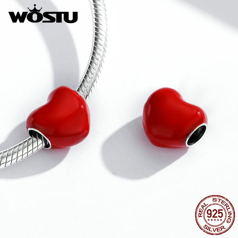 WOSTU Enamel Smooth Red , Pink and Blue Three-color Heart Shape 925 Sterling Silver Charm Beads Fit Bracelet Bangle Fine Jewelry