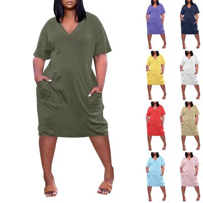 Rochie casual de vară, cu decolteu în V, cu mâneci scurte, cu buzunarul pentru genunchi, pentru femei
