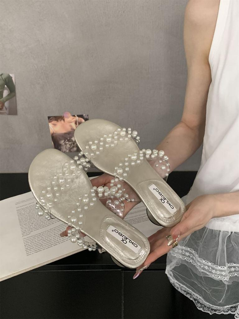 Coarse heel rhinestone high-end slippers fairy shoes to wear 2025 new summer beautiful temperament sandals