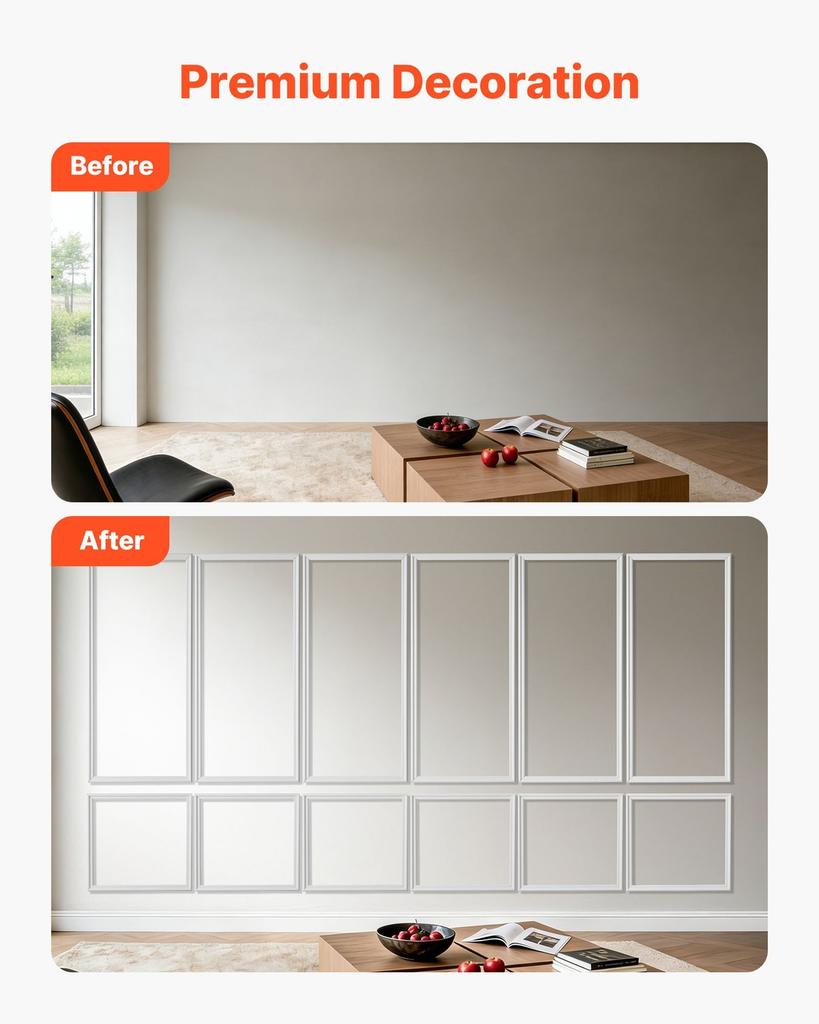 Wall Molding 6 Pack, Wainscoting Panels Kit, Lightweight Paintable Polystyrene, Easy To Install, Waterproof Accent Wall Trim for Interior Décor Living