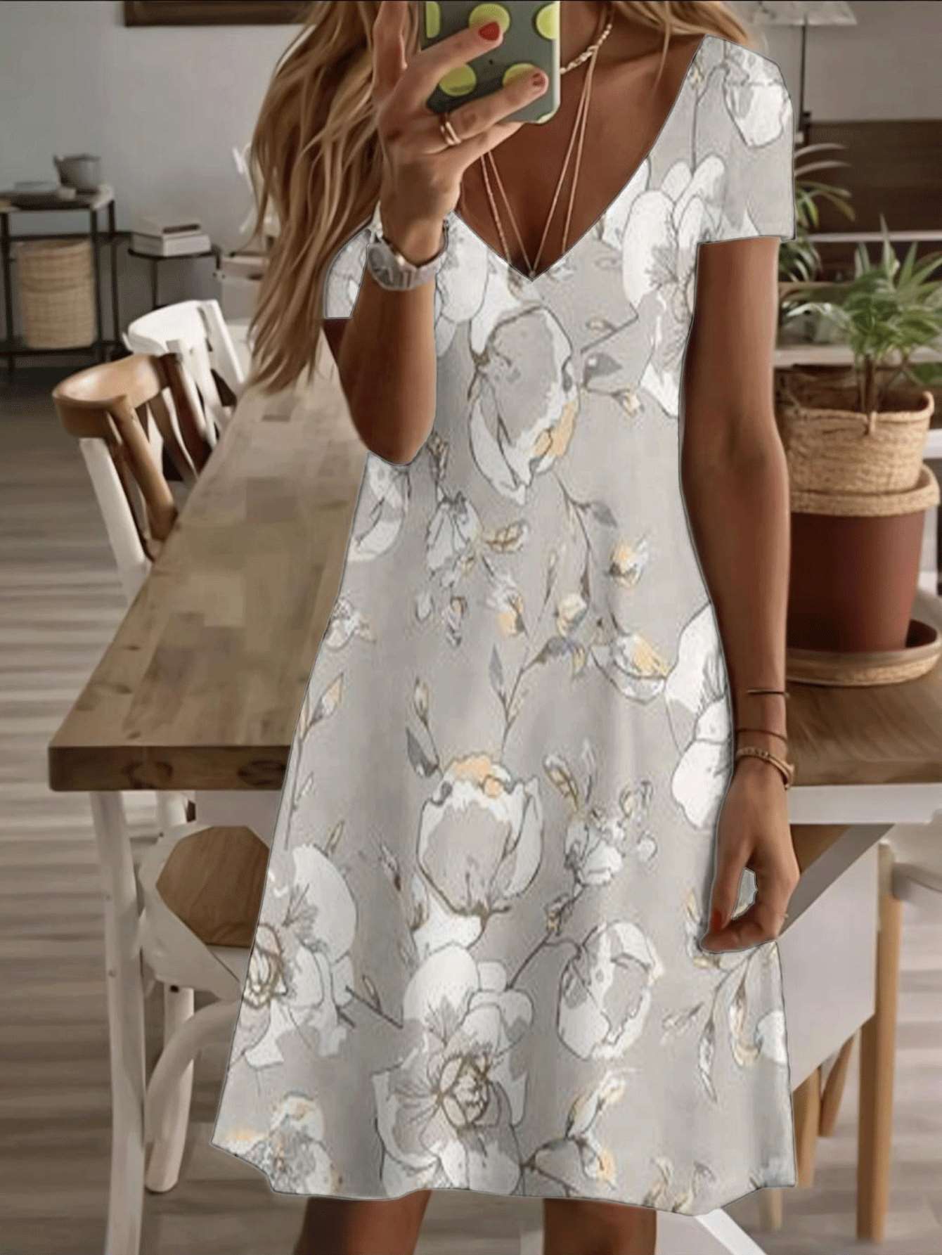 

Vneck shortsleeve midi dress elegant floral ladies dress white gray magnolia print pattern 3D premium printing durable fabric casual and stylish s S дубильна кора
