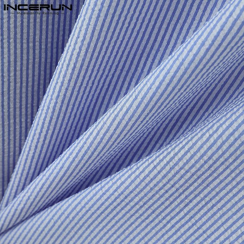 INCERUN Men Lapel Long Sleeve Striped Print Shirts Semi-Sheer Texture Tops