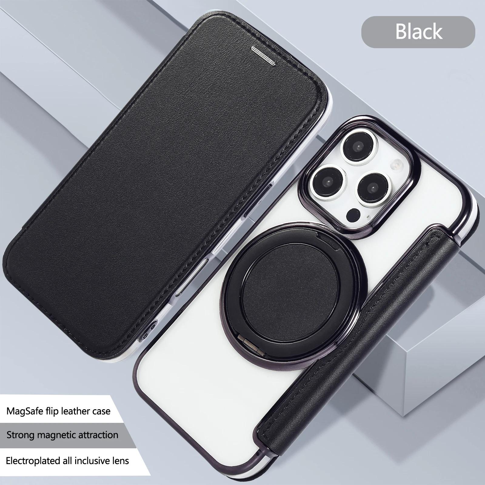 

Plating Magnetic Phone Case for iPhone 16E/16 Plus/15/14/13/12/11 pro Max with Leather Wallet Card Holder Rotating Stand Cover iPhone 14 чорний