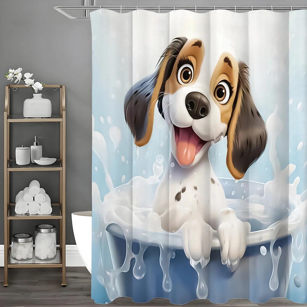 Cute Puppy Shower Curtain, Bathroom Decorative Shower Curtain, Waterproof Shower Curtain with Hooks