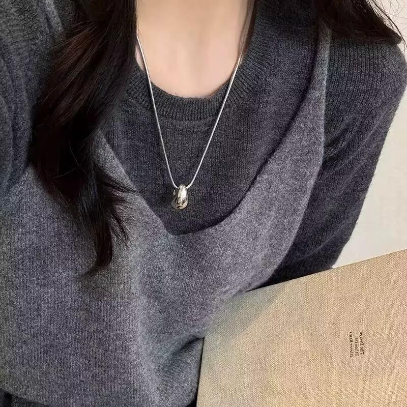 Minimalist Sterling Silver Water Drop Pendant Necklace - Versatile Long Layered Light Luxury Accessory for Women, Perfect for Autumn/Winter Sweaters.