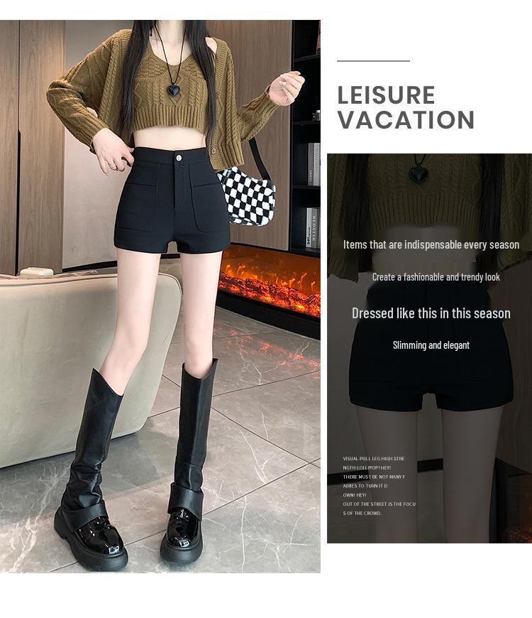 2024 New Women's High-Waisted Black Slimming Shorts: Petite Autumn/Winter Elastic Boot Shorts