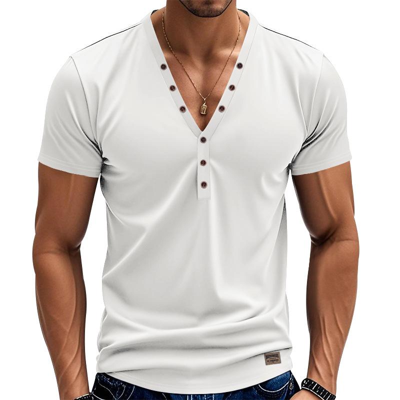 

Мужские рубашки с коротким рукавом Henley, повседневные однотонные футболки с коротким рукавом для мужчин, поло, мужские хлопковые футболки M белый