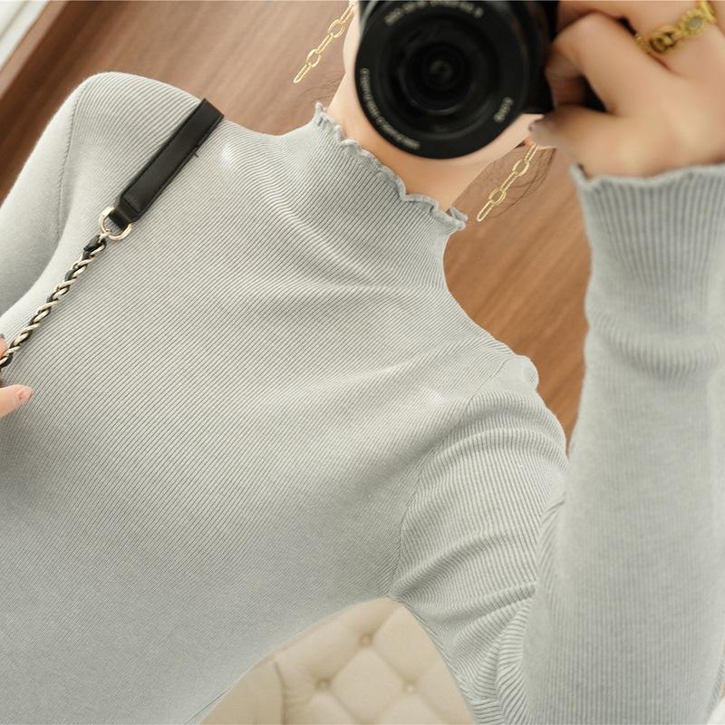 Slim-fit and thin women's bottoming shirt solid color knitted pullover sweater lace collar short long-sleeved sweater with tight fit inside