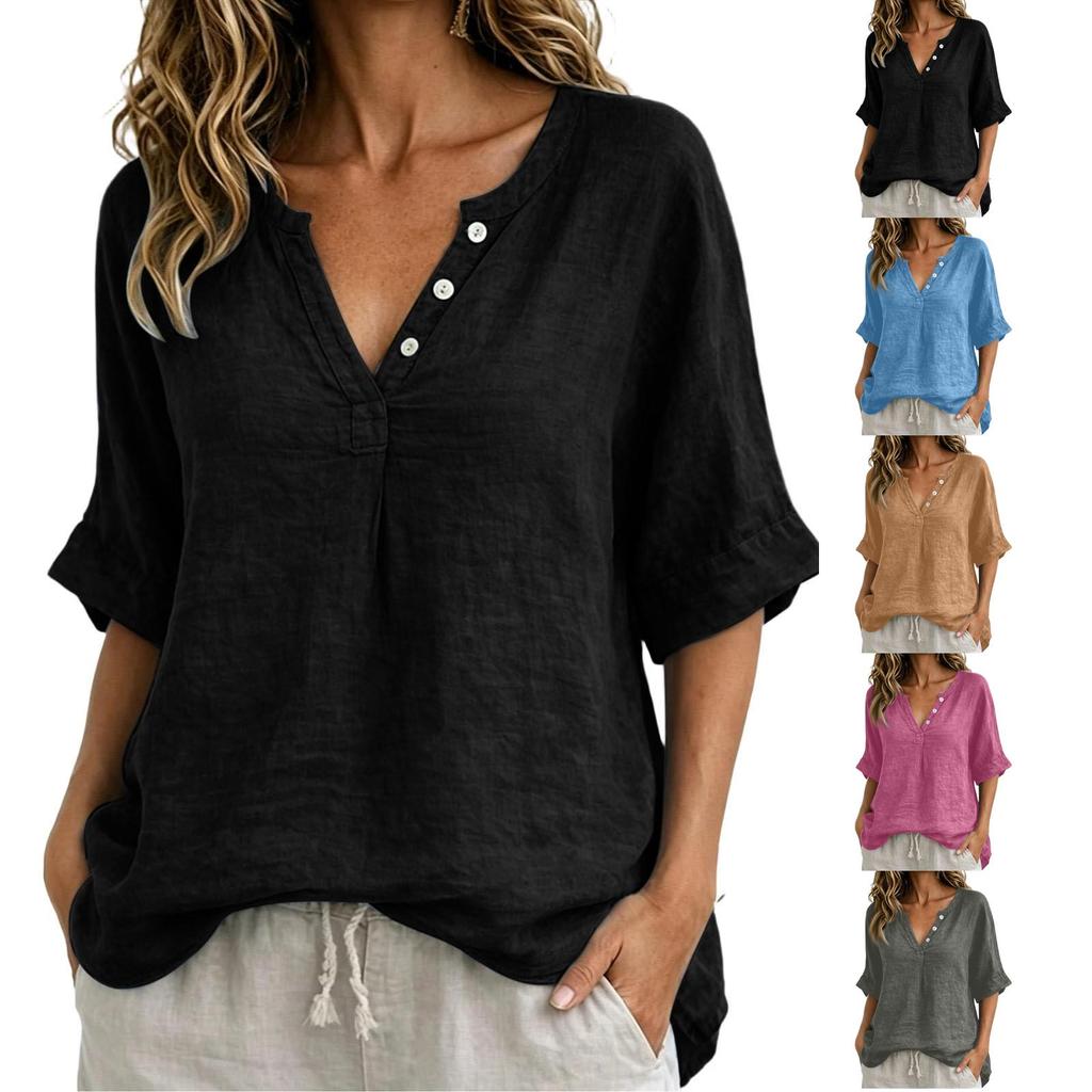 Women V Neck Button Half Sleeve Casual Loose Fit Blouse Lightweight Linen Tunic Top for Summer Spring