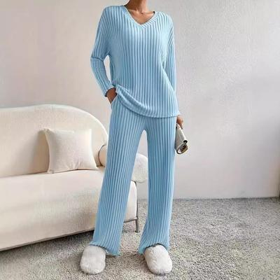 Chic Autumn/Winter Two-Piece Set: Casual Straight-Leg Pants & Loose V-Neck Ribbed Knit Top