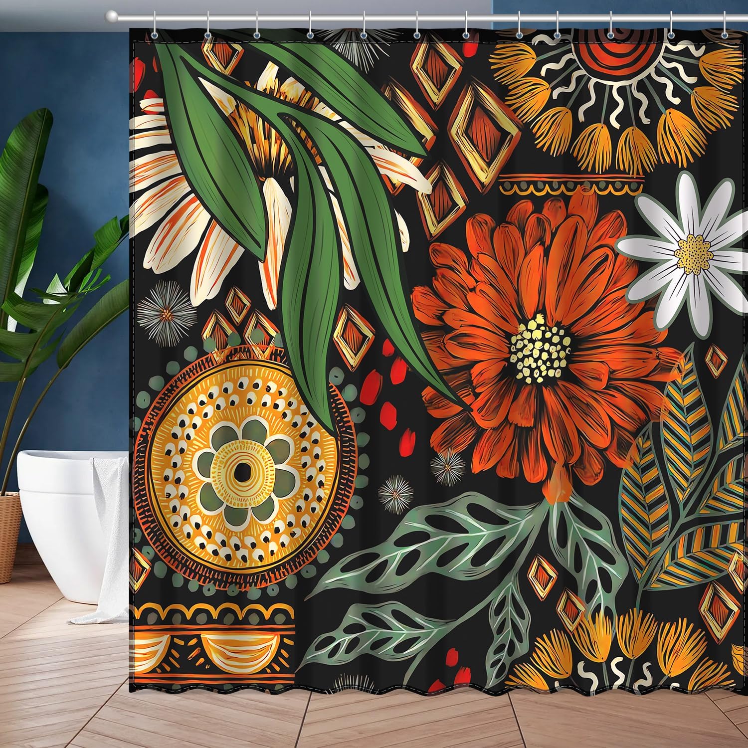 

Бохо Занавеска для душа Тропическая Ботаническая, Ванная комната в стиле Мид-сенчури Модерн с Абстрактным Цветочным узором, Ткань для Ванной в стиле Фармхаус 90x180cm35x71in