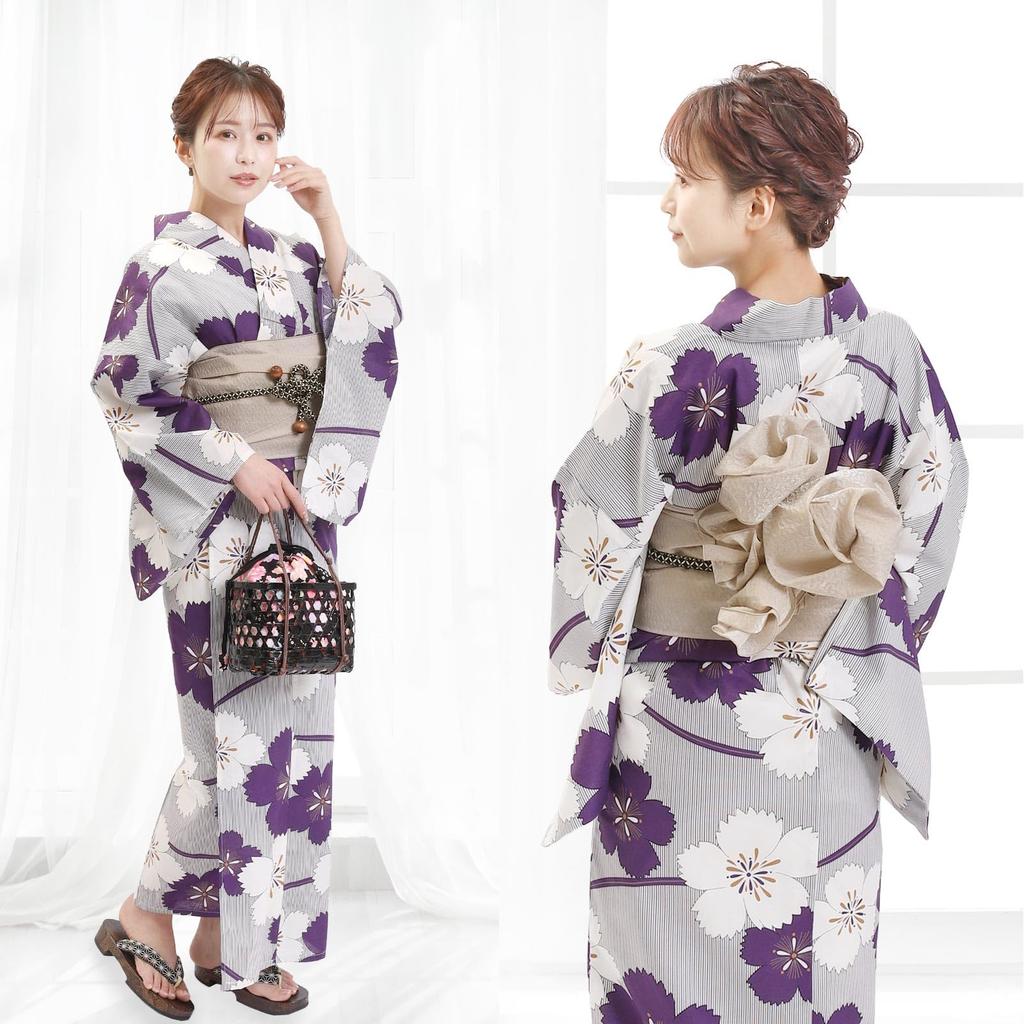 Fuuka Yukata Free Nadeshiko White and with Obi Made In Sand X2304B235 Women's Two-Piece Set, Size, Pattern, Purple, Belt, Japan, Beige,