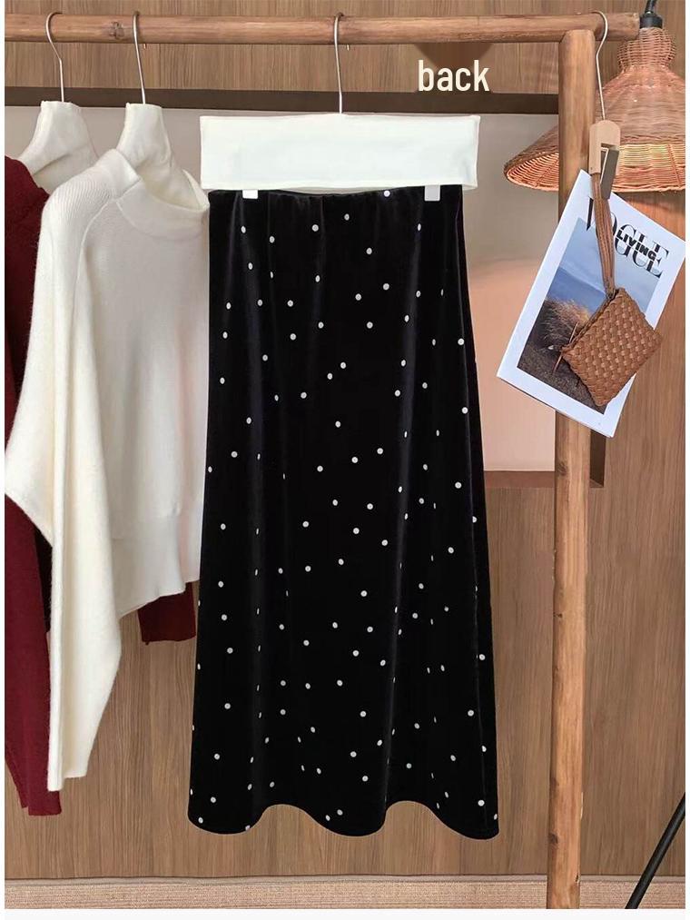 Sweet Age-Defying Polka Dot Velvet Midi Skirt - Autumn/Winter 2025, Versatile A-line Design