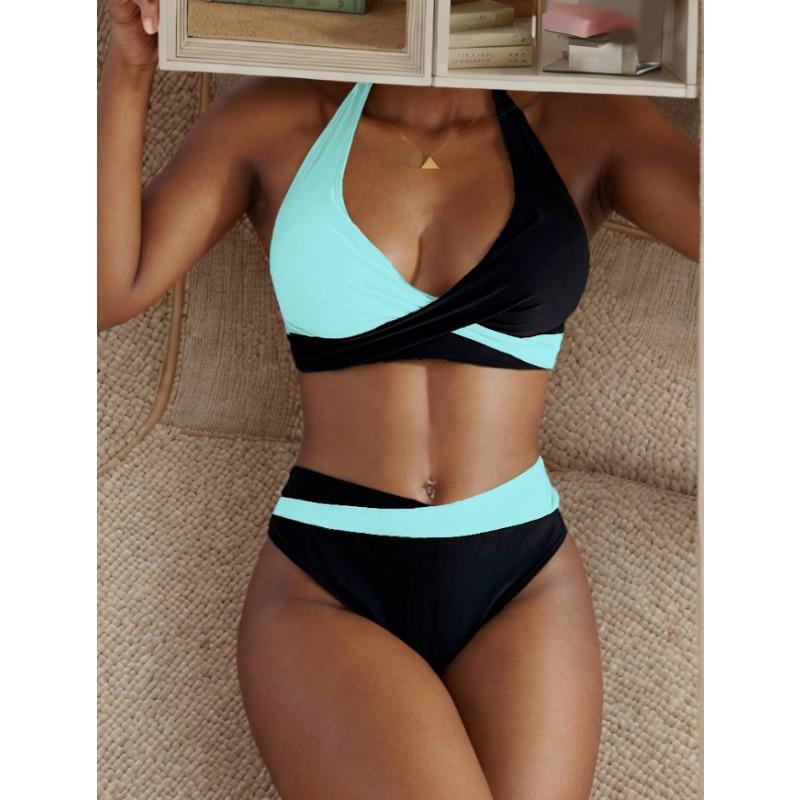 Women's Black and White Color Block Halter Cross-Front & High Waist Two-Piece Bikini Swimsuit