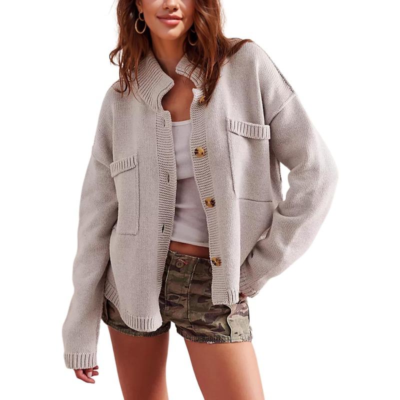New Autumn and Winter Knitted Jacket Stand Collar Solid Color Cardigan Sweater Women's Clothing