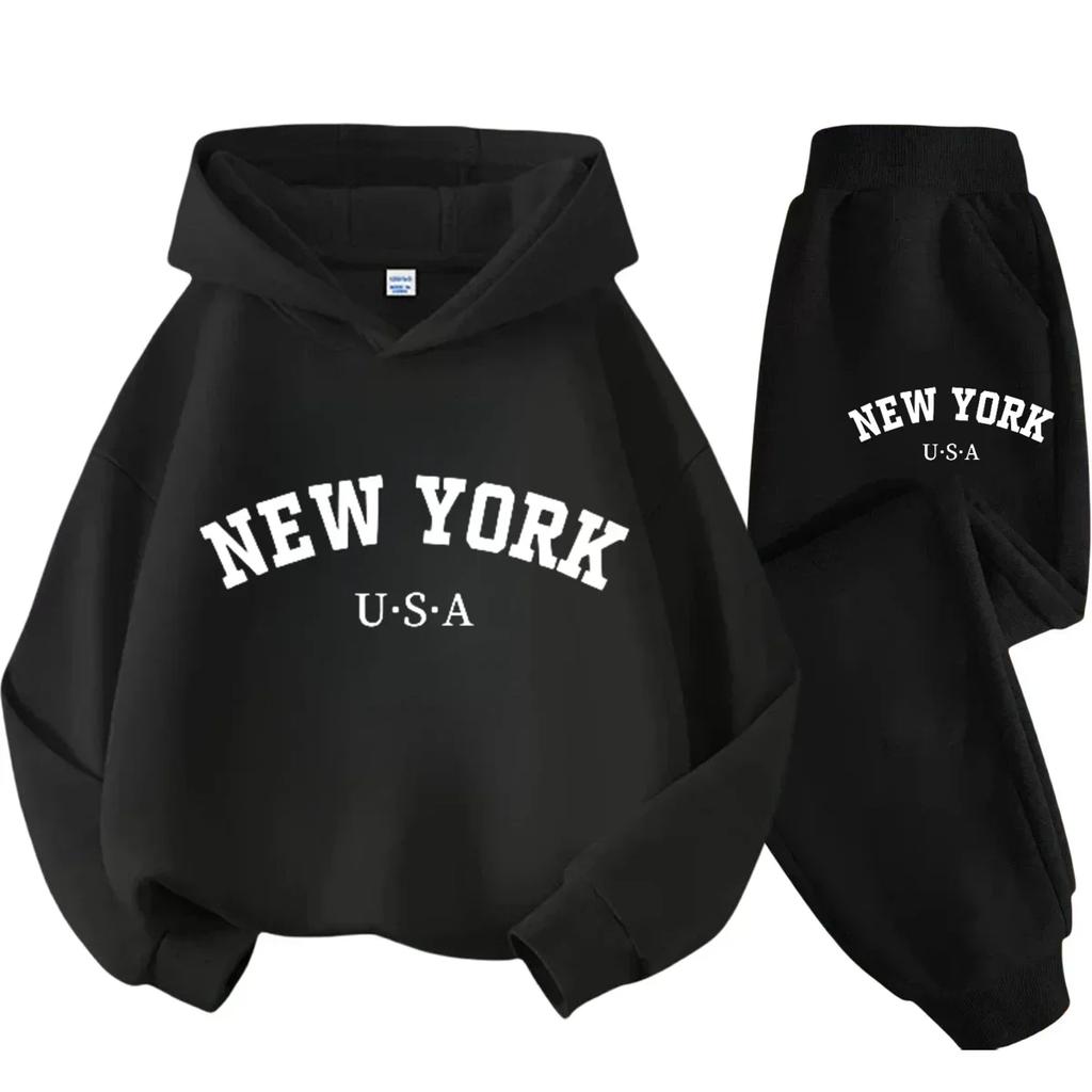 Herbst Warm New York Letter Cool Grafikdruck Kinder Langarm Hoodie + Hose Anzug 2er Set Sweatshirt Junge Mädchen Kind Sportbekleidung