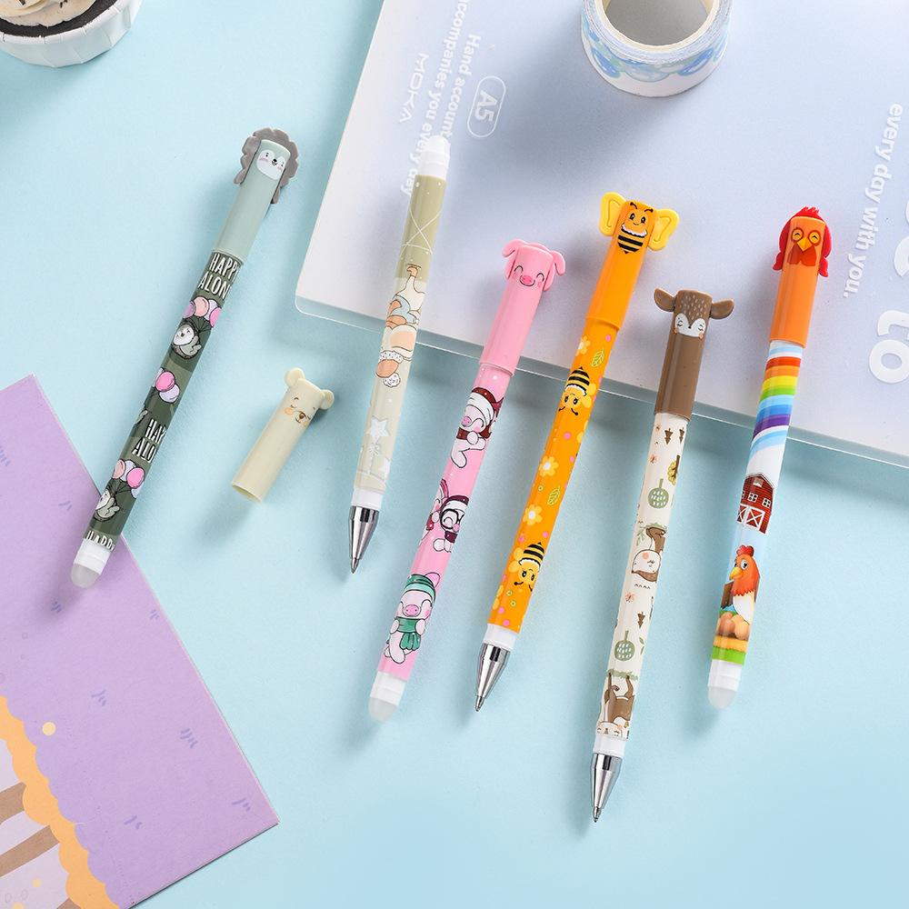 6 Colors Erasable Gel Pen 0.5mm Cute Cartoon Animal Erasable Pen Colors Ink Ballpoint Pen Writing Error Erasable for School