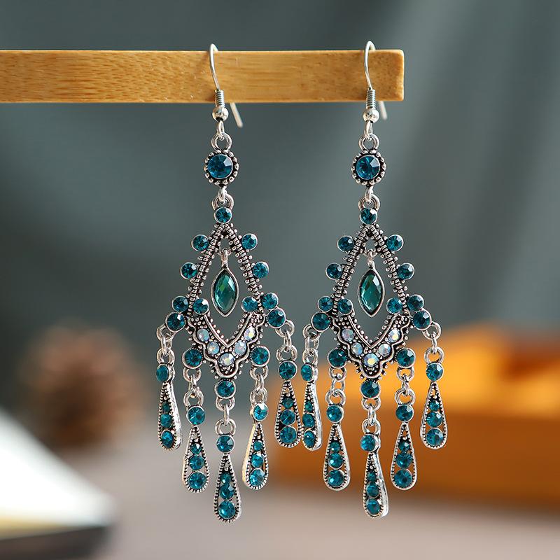 Bohemian Ethnisch Lang Blau Acryl Kristall Wassertropfen Ohrringe für Damen Retro Temperament Geometrisch Hängende Ohrringe Schmuck