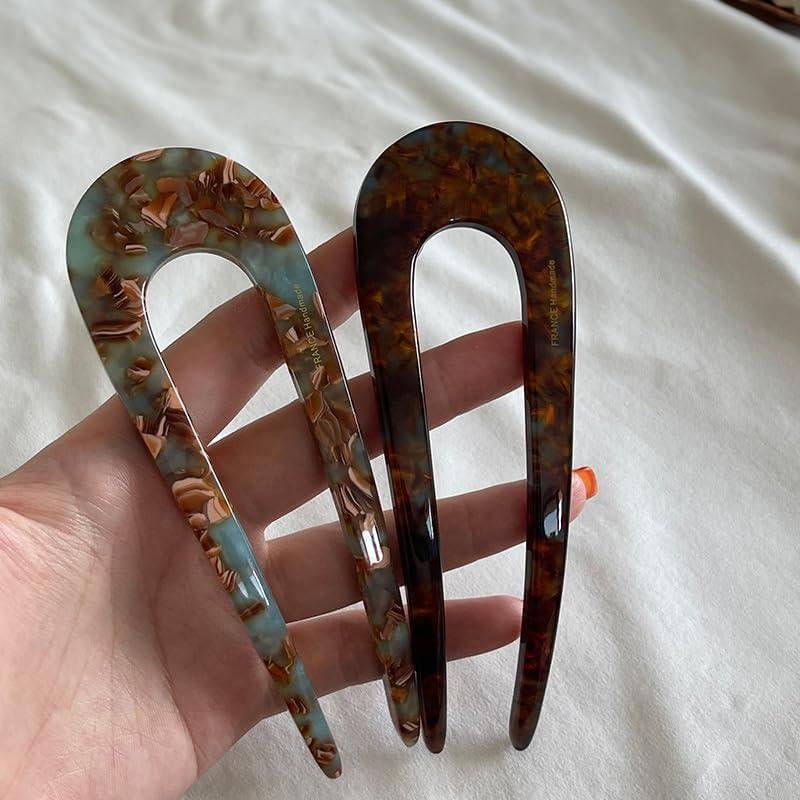 NAKANOYA Hair Fork, Cellulose Acetate U-Shaped Hairpin, Marble Pattern, Gemstone-Inspired, Large Size, Lightweight, Glossy Finish, Vintage, Retro,