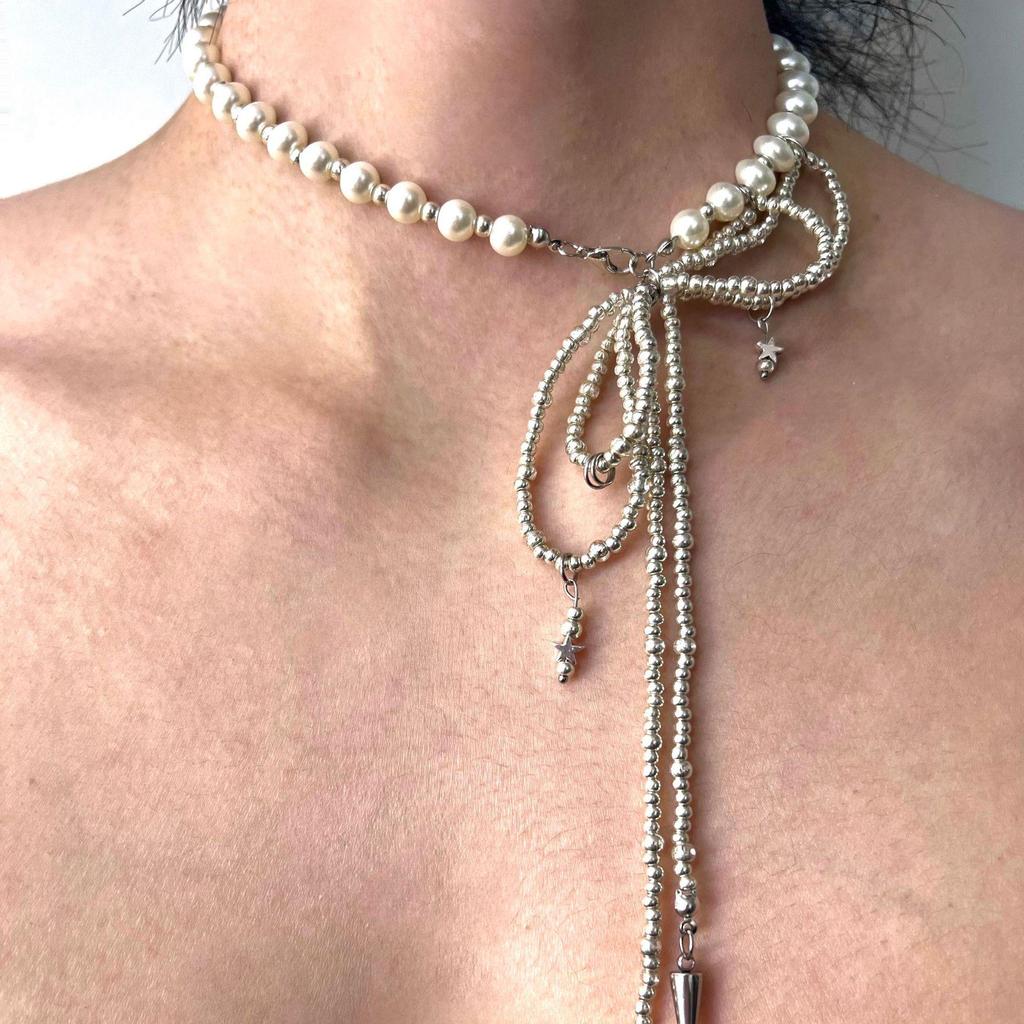 Xiaomi Pearl & Bow Beaded Choker: Stylish, Girly Clavicle Necklace