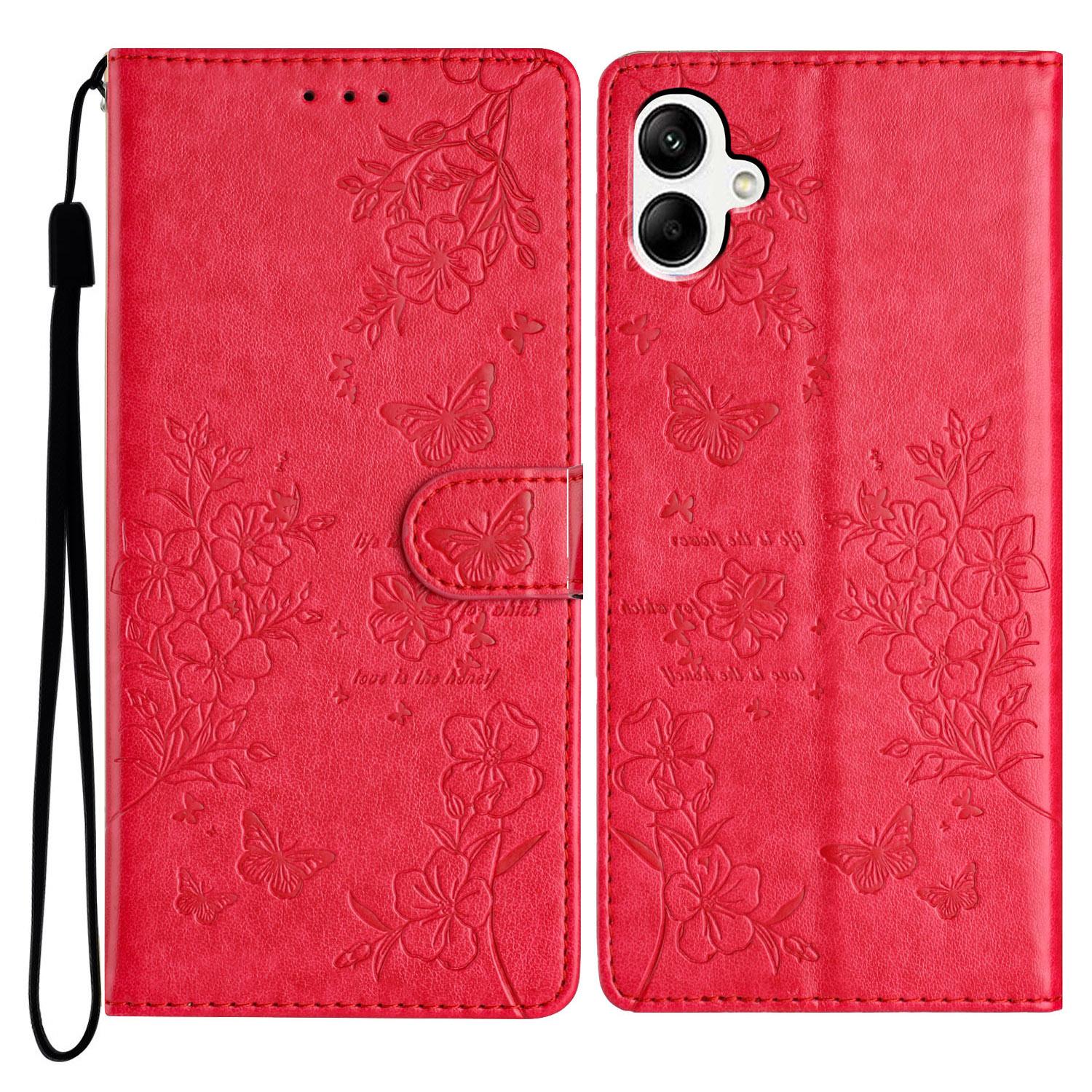 

For Samsung Galaxy A06 4G Wallet Phone Case Butterfly Floral Imprint Leather Flip Cover Red
