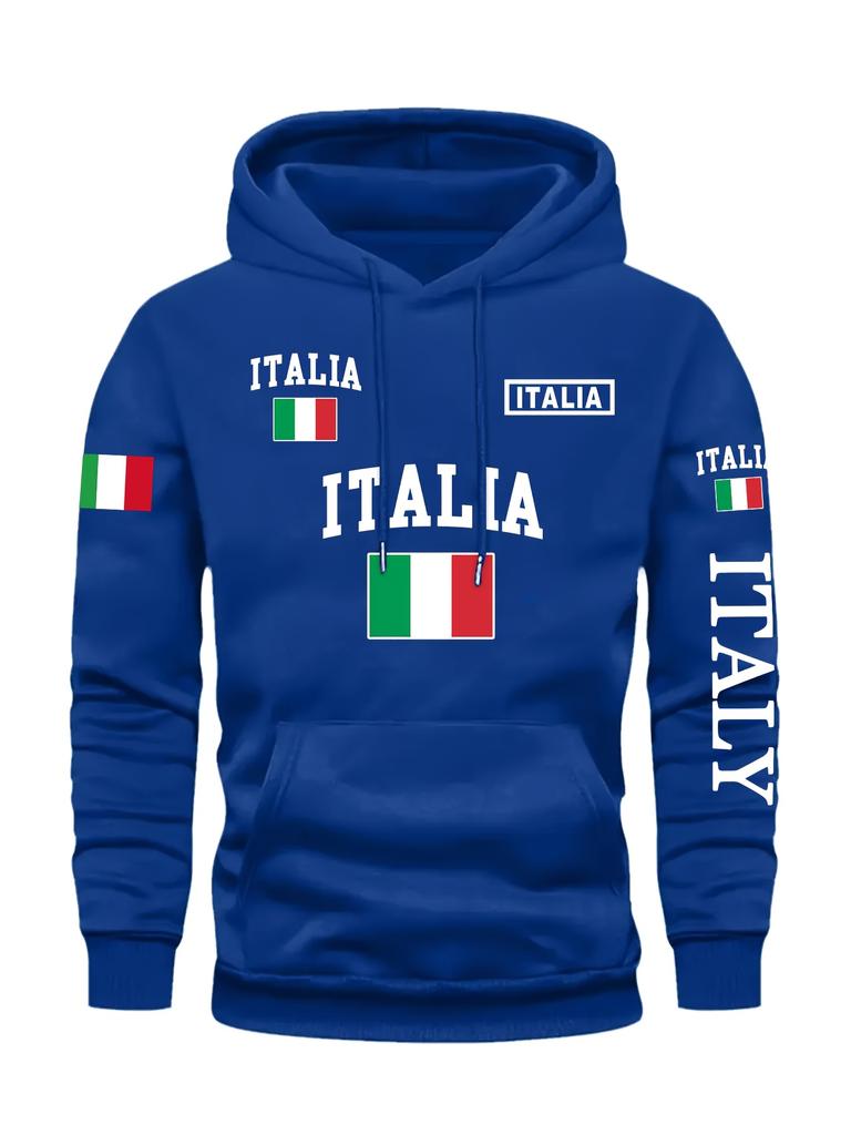 Men's Stylish Graphic Hoodie Black Casual Pullover Front Pocket Comfortable Polyester Blend Machine Washable Italy Sweatshirt