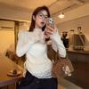 Cream White Lace Patchwork High Neck Thermal Fleece T-shirt for Women - Slimming Double Layer Long Sleeve Base Layer for Autumn/Winter