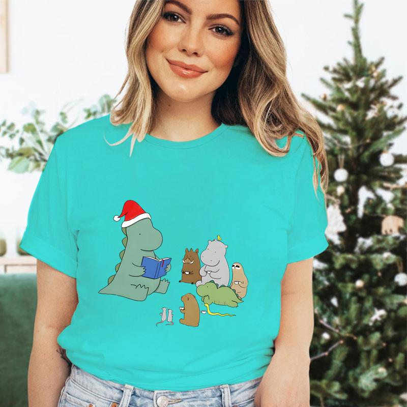 Christmas Cartoon Dinosaur Girls Clothing Crew Neck Funny Festive Premium Tshirt Cute Dinosaur Merry Christmas Gift Tshirts