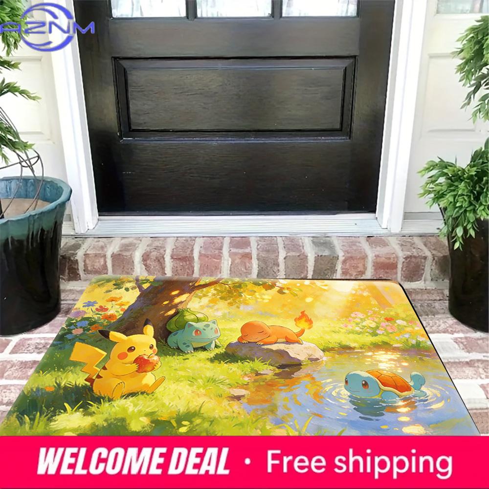 Cute Anime Pokemon Starters Forest Creek Scene Soft Non-Slip Absorbent Home Bathroom Entryway Decor Doormat Rug