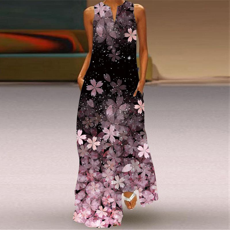 European Sleeveless V-Neck Floral Retro Long Dress 2022 Extra Large