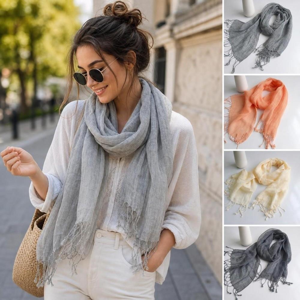 Long Tassel Sun Protection Wrap Solid Color Neck Scarf Casual Pure Linen Scarf Spring Summer